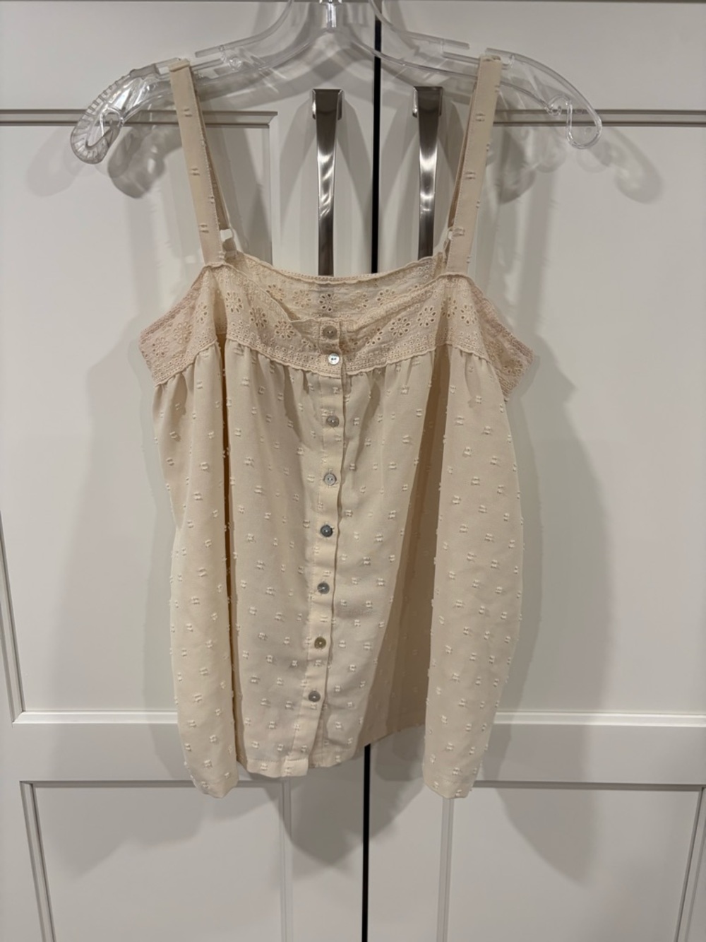 Laura Ashley Cream Eyelet Lace-Trim Button-Front Women’s Tank Top